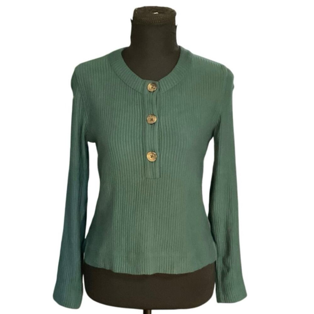 Club Monaco Dark Green Long Sleeve Crew Neck Henley Ottoman Top Size S